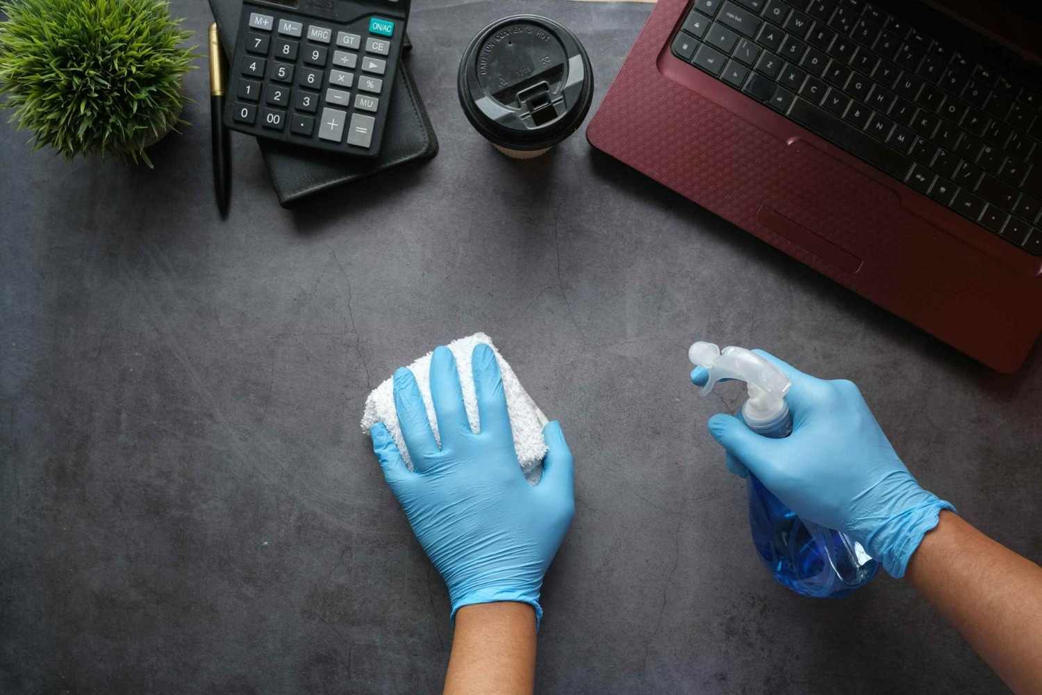 Cleaning supplies on a desk